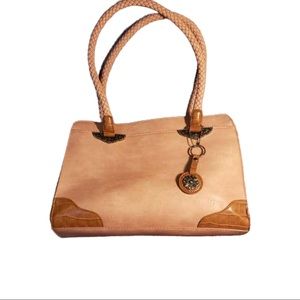 Beuno of California Mixed Media Satchel Bag, Pink & Tan Faux Leather